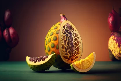 Surrealistic Still Life of Half-Cut Exotic Fruit AI Image