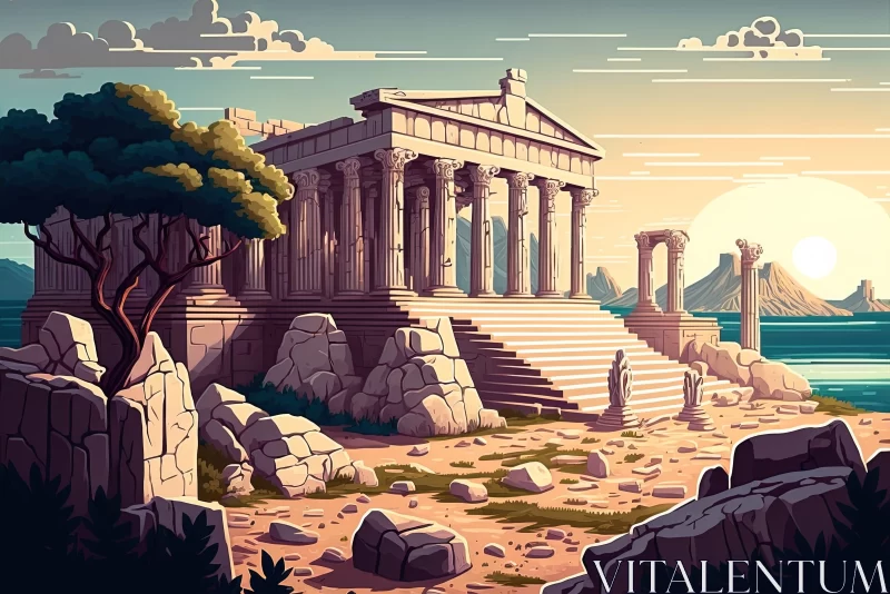 AI ART Ancient Greek Temple in Bold Colors - Nature-Inspired Art Nouveau Illustration