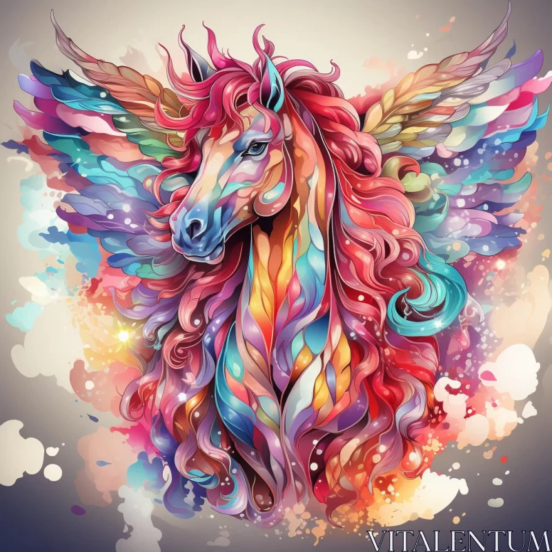 AI ART Fantasy Realism: Colorful Unicorn with Wings in Light Crimson and Blue