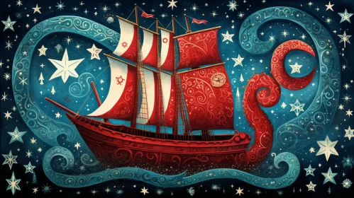 Folk Art-Inspired Dreamlike Ship Illustration AI Image