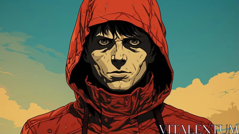 Post-Apocalyptic Gothic Illustration of Man in Red Hoodie AI Image