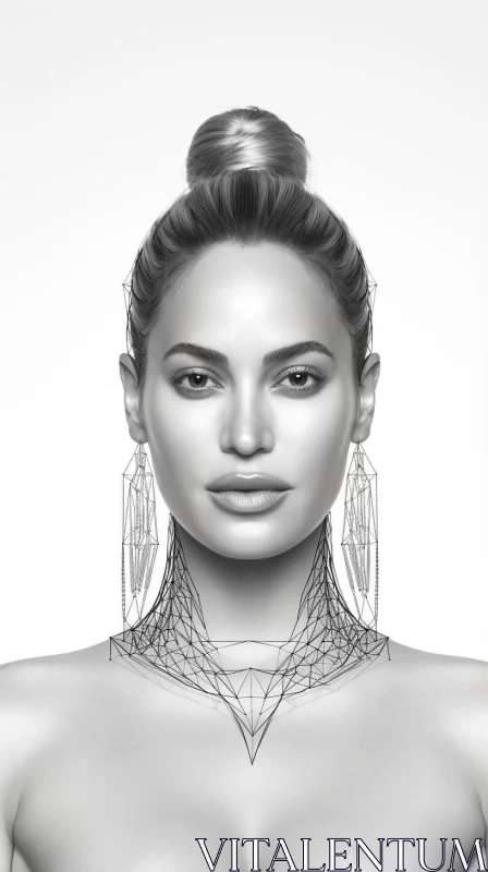 AI ART Wireframe Depiction of Woman with Jewelry in Monochrome