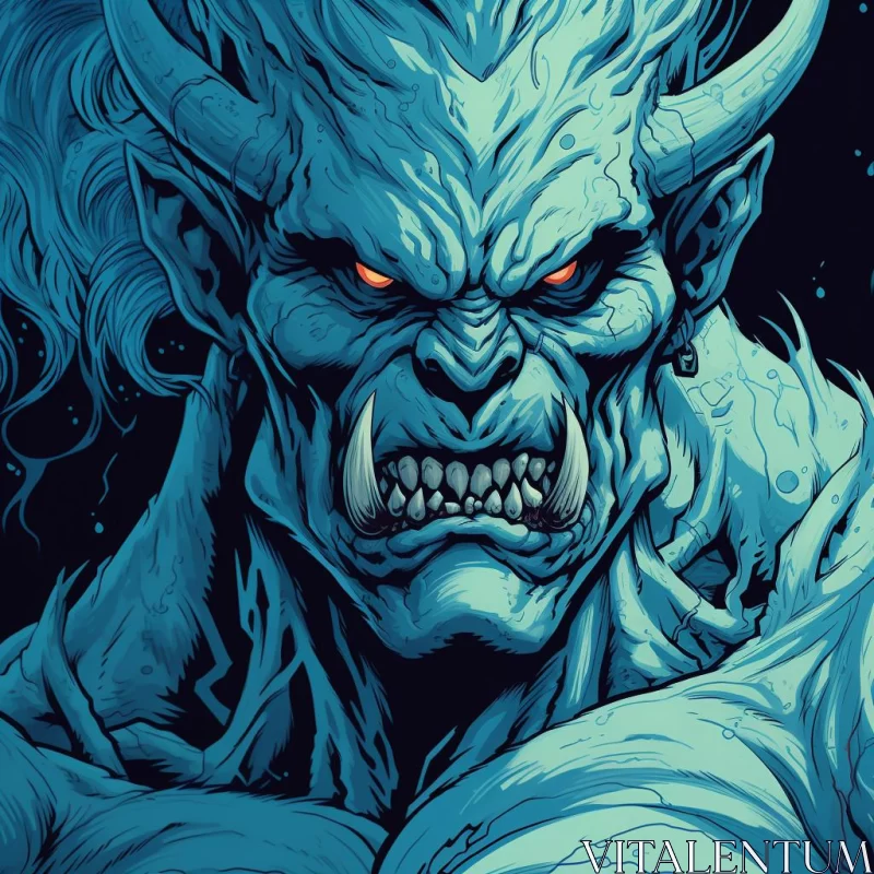 Blue-Faced Demon with Dark Fur Illustration AI Image