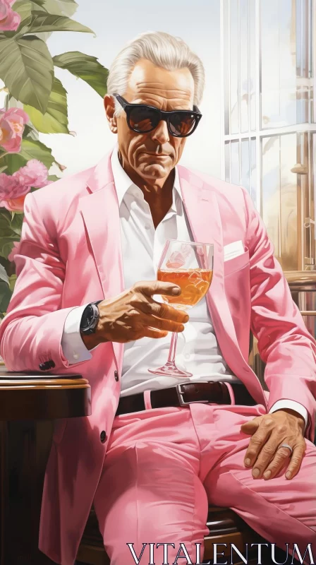 AI ART Elegant Portrait of Man in Pink Suit with Wine Glass