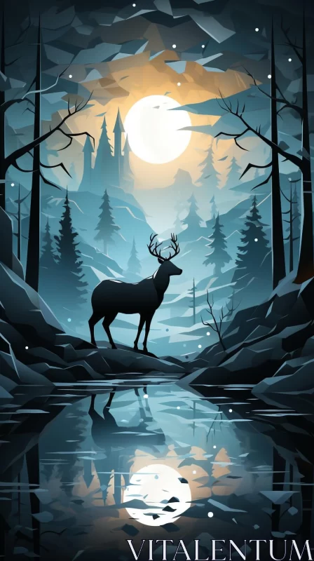 AI ART Night Forest Deer: Luminous Water and Bold Shadows