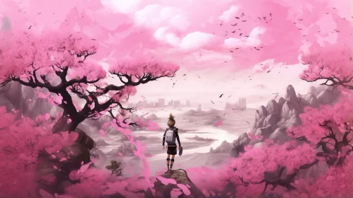 Anime Character in Cherry Blossom Landscape