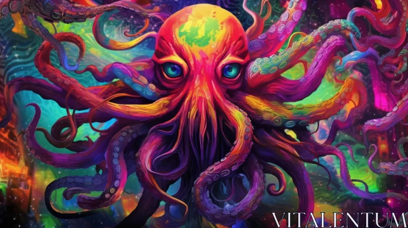 Colorful Psychedelic Octopus in Space: Surrealistic Artwork AI Image