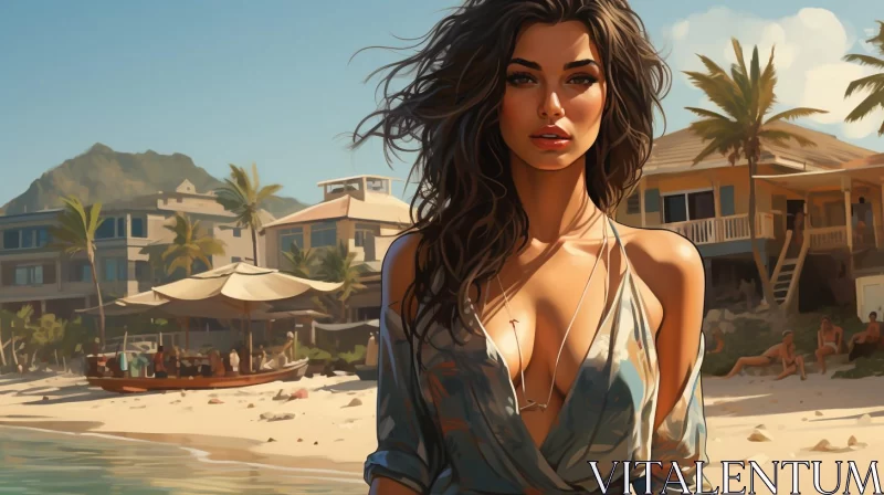 Exotic Beach Scene - Girl with Woman in Charming Illustration AI Image