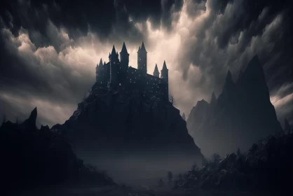 Gothic Castle over Mountain - Surrealistic Landscape AI Image