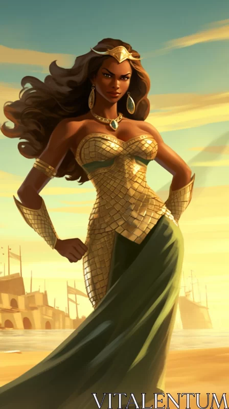 Heroic Woman in Green Dress and Golden Crown on Beach AI Image