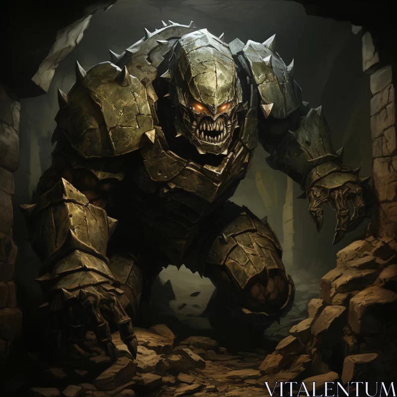 Medieval Monster Amidst Grandiose Ruins - Dark Gold Palette AI Image