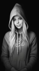 Monochrome Illustration of a Dreamy Blonde Girl in Hoodie AI Image