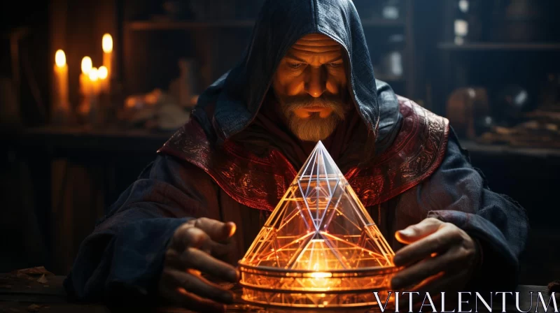 Mystic Wizard with Candle-lit Pyramid - A Study in Metallic Mastery AI Image