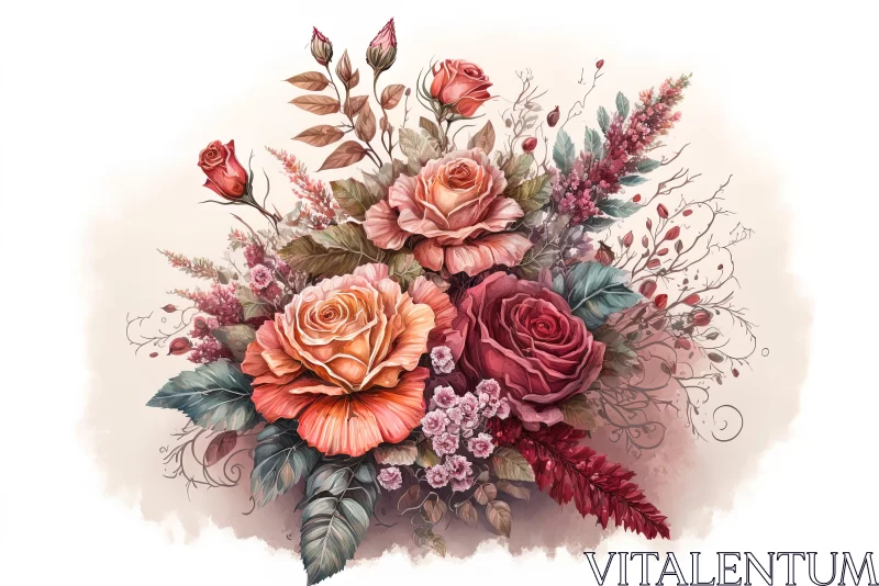 Realistic Watercolor Artwork of Colorful Roses and Leaves AI Image