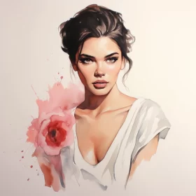 Watercolor Painting of Woman with Flower - Fantastic Realism Portrait AI Image