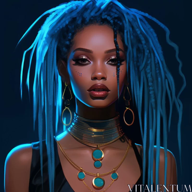 AI ART Fantasy Neon Portrait of Woman with Blue Dreadlocks