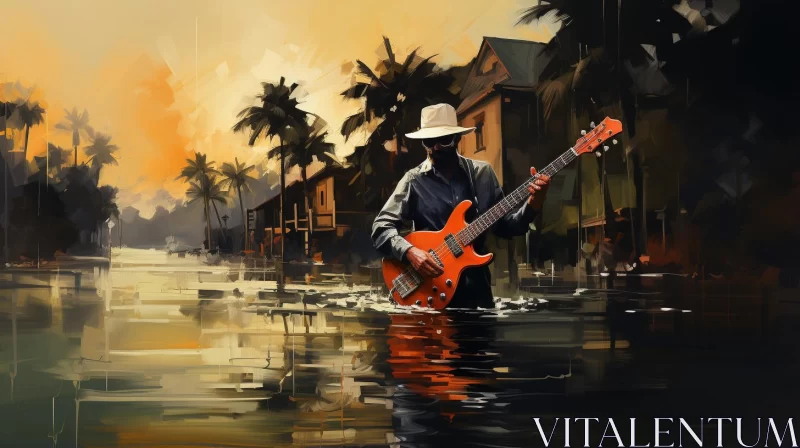 Guitar Player by a Lagoon - A Fusion of Music and Nature AI Image