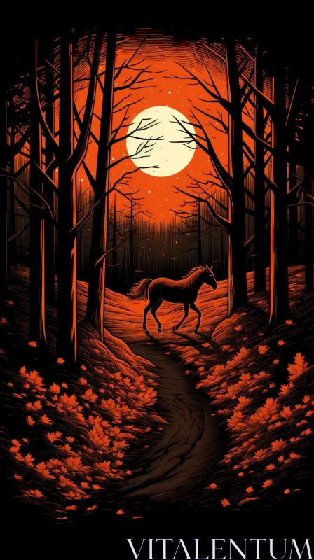 Horse Wandering in a Sunset Forest - Halloween Inspired Art AI Image