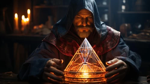 Mystic Wizard with Candle-lit Pyramid - A Study in Metallic Mastery AI Image