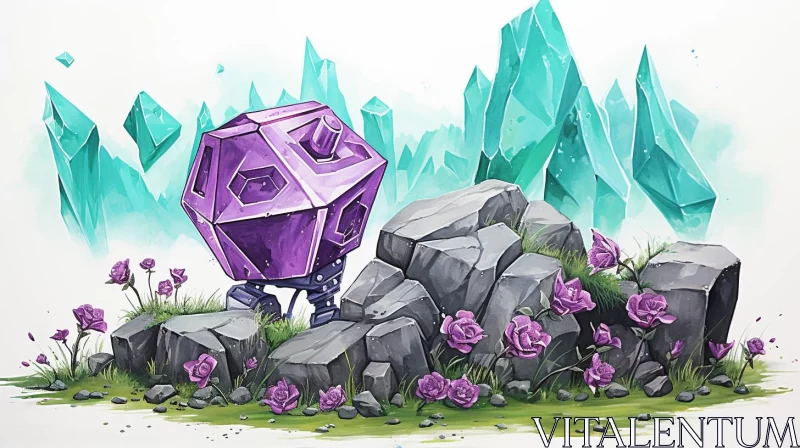 2D Game Art Style Painting of a Purple Crystal AI Image