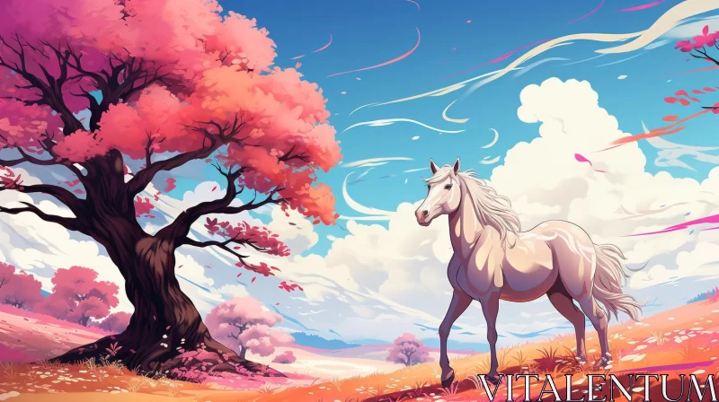 Anime Style Spring Landscape with White Horse AI Image