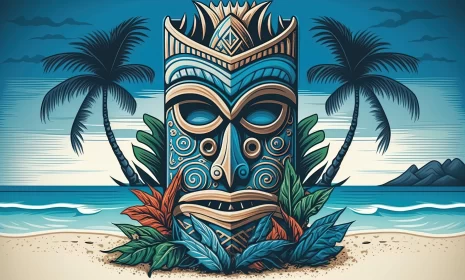 Detailed Tiki Mask Illustration on Tropical Beach AI Image