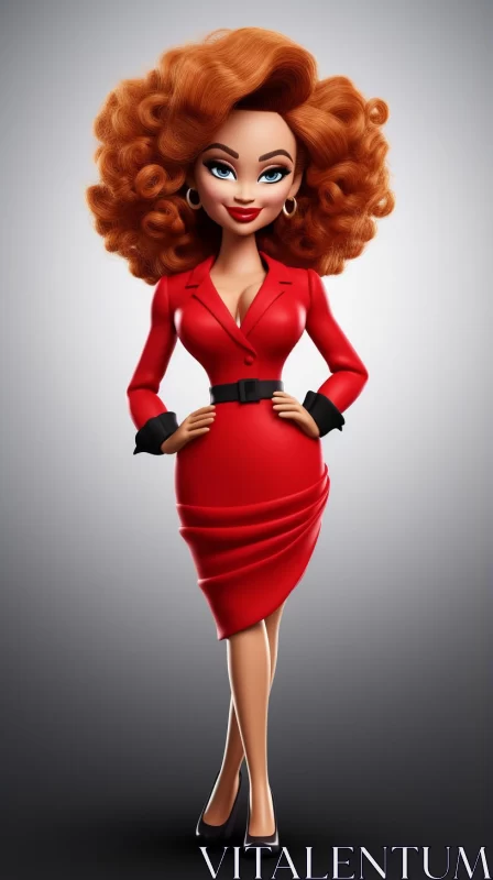 Glamorous Cartoon Redhead in Red Leather Dress AI Image