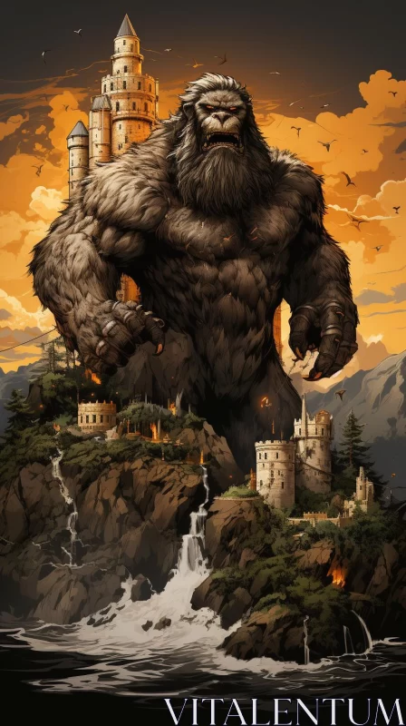 AI ART Majestic Monster on Island Castle at Sunset - Fantasy Art