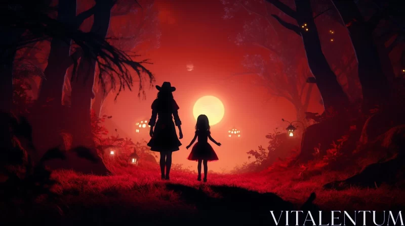Mysterious Red Night: Silhouetted Figures in Woods AI Image