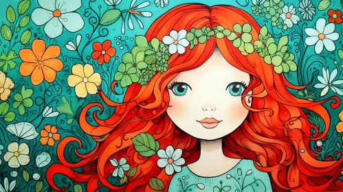 Whimsical Watercolor Illustration of Floral Girl with Red Hair
