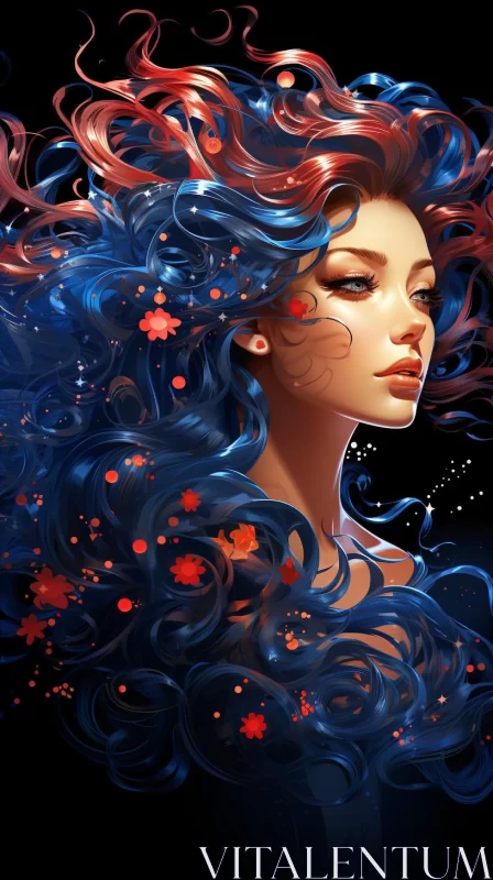AI ART Woman with Wavy Hair and Flowers: A Fantasy Illustration