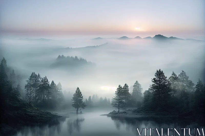 Foggy Lake in Mountain Forest - Contemporary Ethereal Landscape AI Image