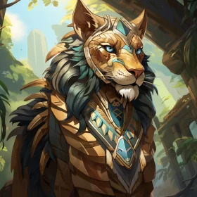 Tribal Lion in the Woods: A Fantasy Illustration AI Image