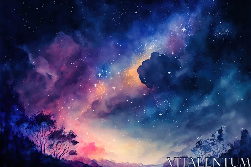 Watercolor Galaxy Landscape - A Dreamy Realism Art AI Image