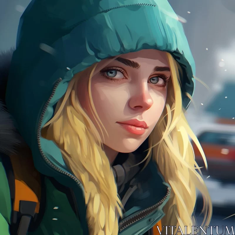 Winter Adventure: Girl in Green Jacket with Snowmobile AI Image
