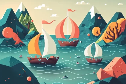 Colorful Sailboats in Ocean - Folk Art Inspired Illustration AI Image