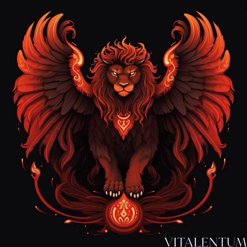 Fiery Winged Lion in Gothic Style Illustration AI Image