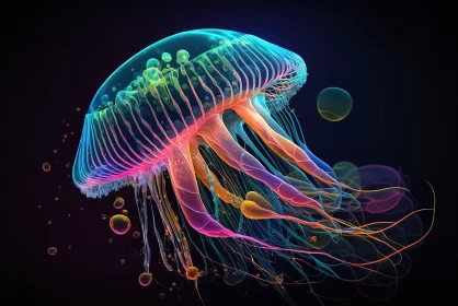 Luminous Jellyfish Amidst Colorful Bubbles: A Technological Art Perspective