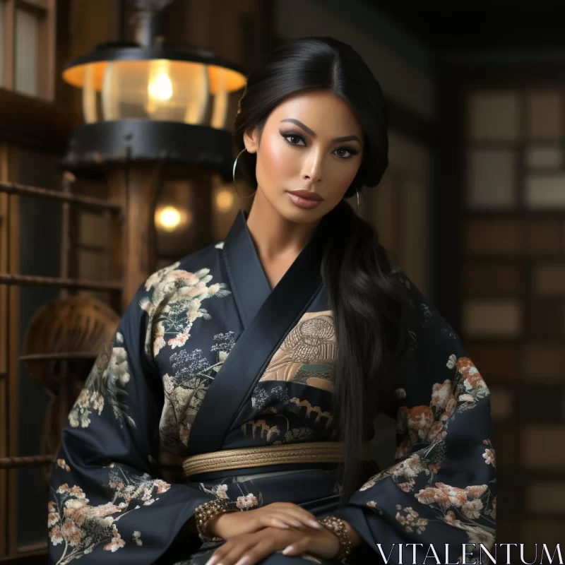 Timeless Beauty in Black and Gold Kimono - Studio Portrait AI Image