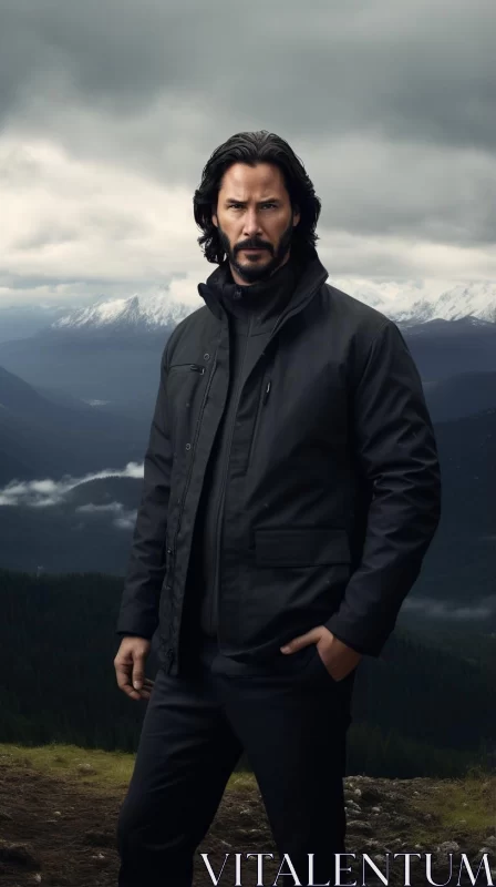 Actor in Black Jacket: A Union of Urban Edge and Mountain Majesty AI Image