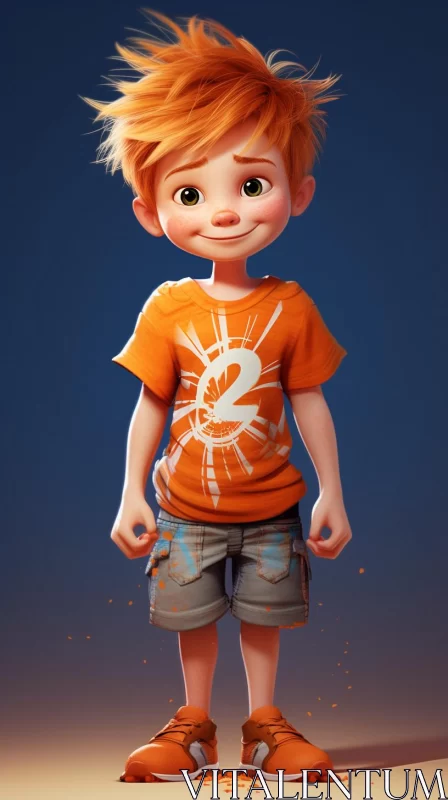 Cartoon Boy in Orange Shirt: A Detailed 2D Game Art Rendering AI Image