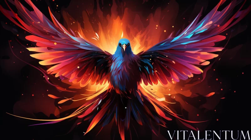 Colorful Fire Bird in Dark Cyan Sky Illustration AI Image