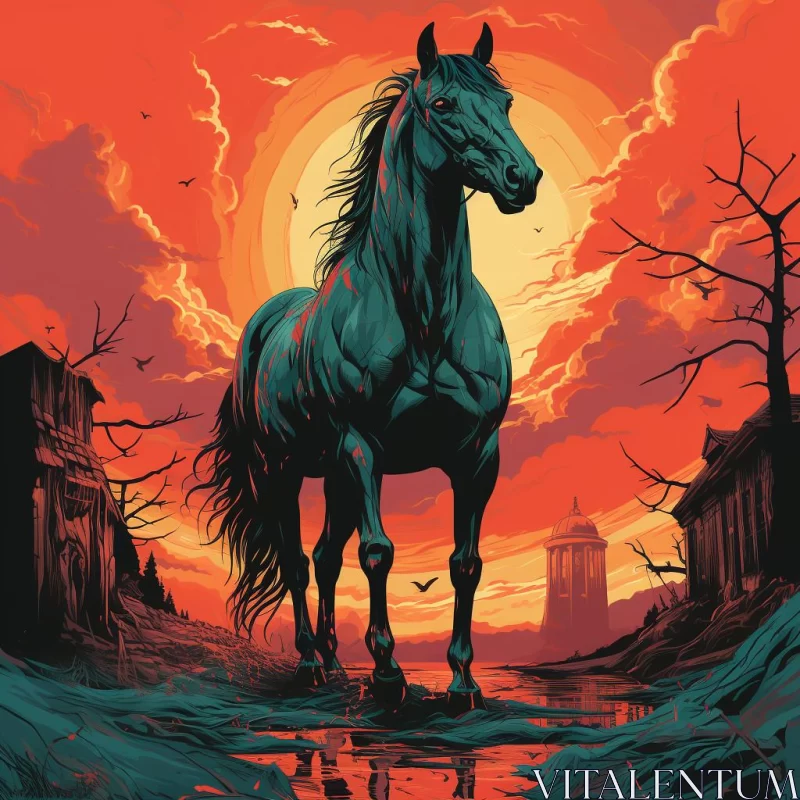 Dark Horse in Apocalyptic Landscape at Sunset AI Image