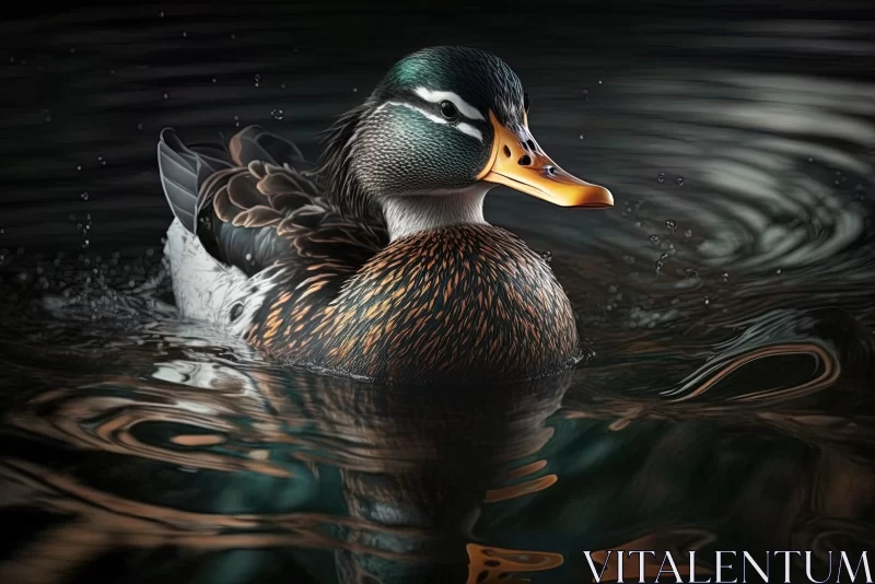 Mallard Duck Floating in Dark Water - Realistic Portraiture AI Image