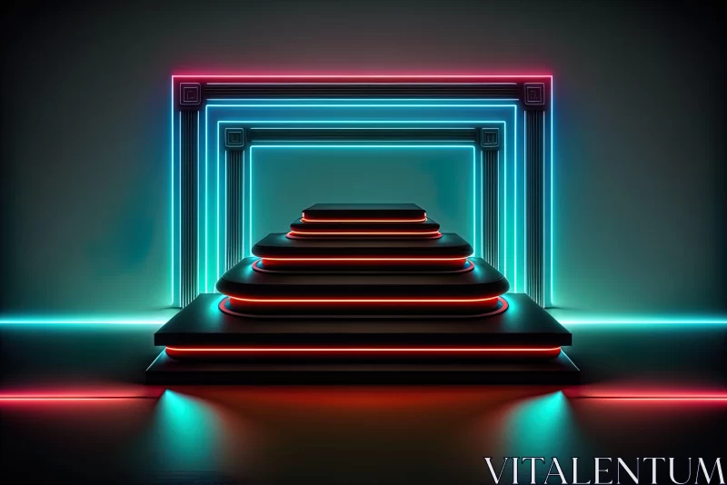 Neon Glow 3D Staircase in Turquoise and Red AI Image