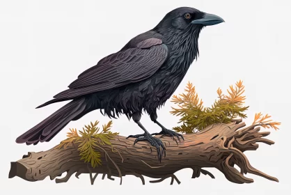 Black Crow on Tree Branch: Detailed Realistic Illustration