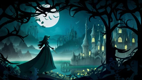 Enchanting Witch in Dark Cyan Fantasy Landscape AI Image