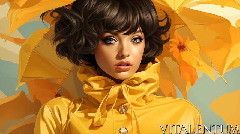 Stormy Day: Woman in Yellow Coat with Umbrella Illustration AI Image