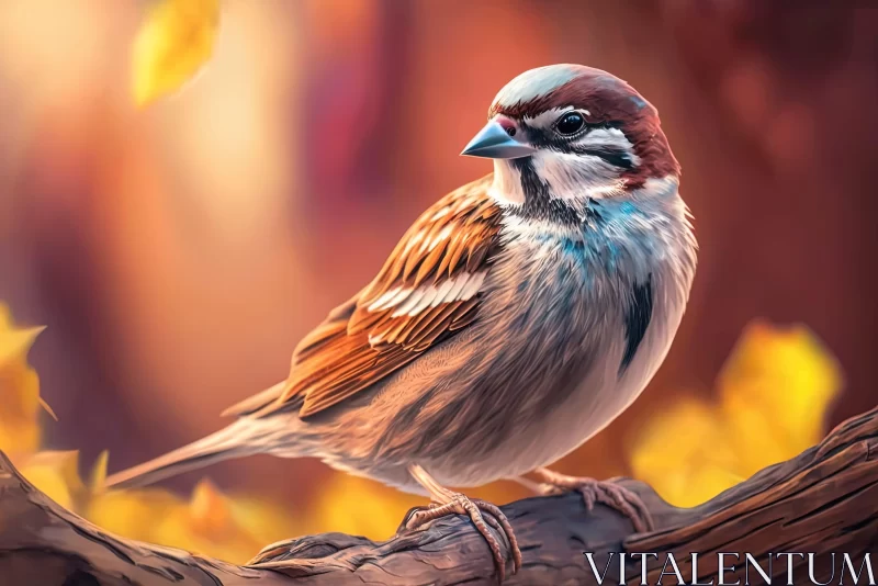 Charming Sparrow on Branch Artwork in Maroon and White AI Image