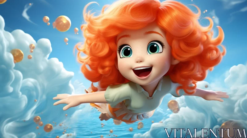 Animated Orange Haired Girl Flying Over Ocean - Cartoon Style AI Image